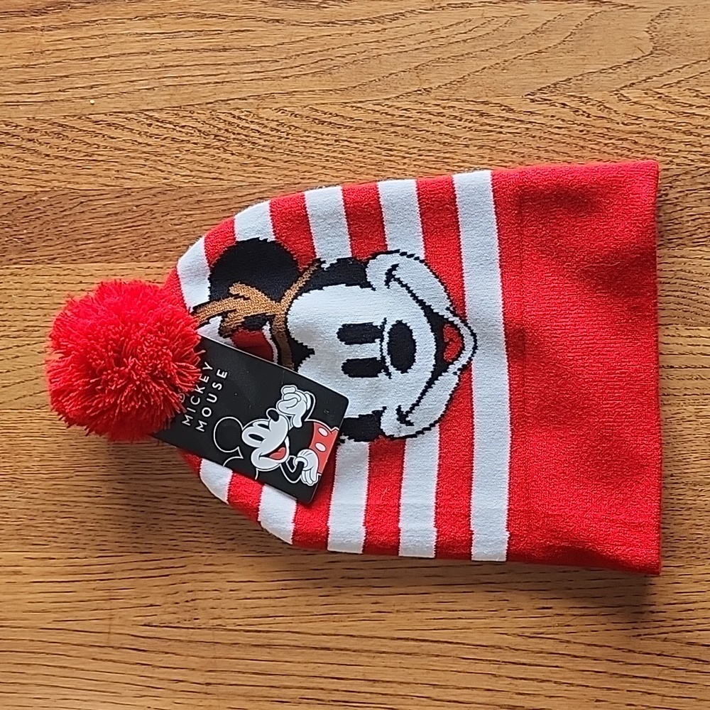 Disney Red And White Mickey Mouse Wearing Antlers Adult Winter Hat NWT